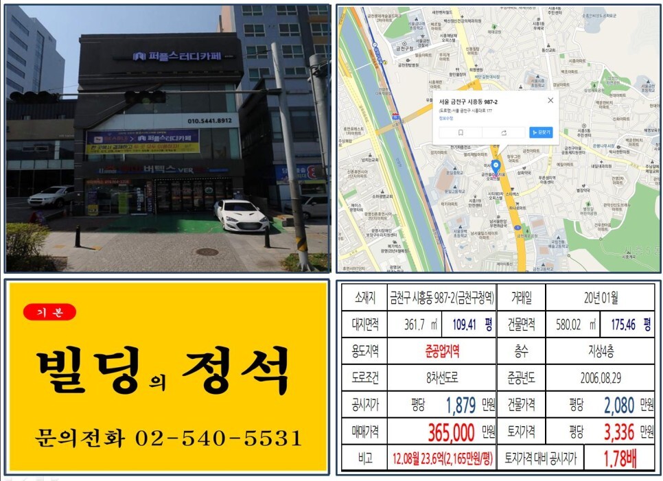  [금천구 시흥대로 대로변 30억 꼬마빌딩 실거래가 조회] 시흥동 987-2 (금천구청역) 36.5억 원, 평당 3,336만 원 매매되었습니다.