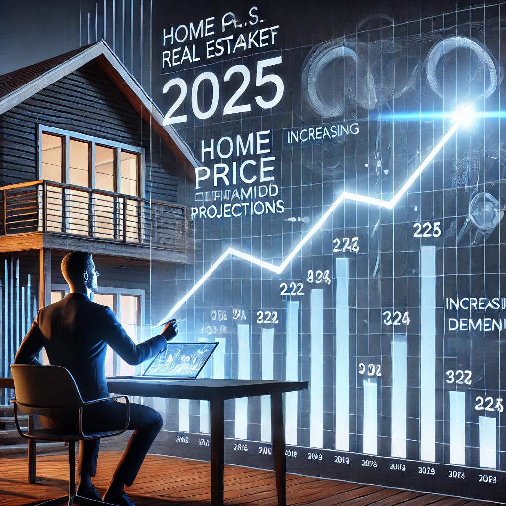 2025년 미국 부동산 시장 상승 전망: 투자자가 상승하는 주택 가격 차트를 분석하는 모습.