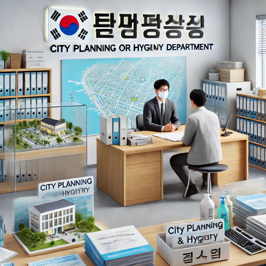 구청 도시계획과에서 상담받는 시민 모습