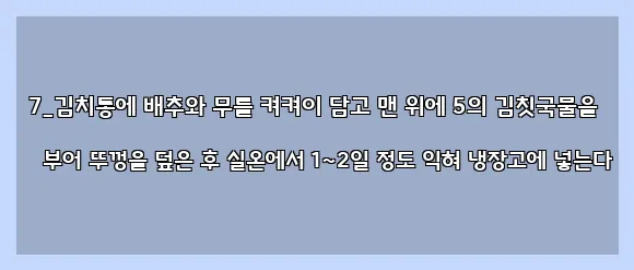  7_김치통에 배추와 무를 켜켜이 담고 맨 위에 5의 김칫국물을 부어 뚜껑을 덮은 후 실온에서 1~2일 정도 익혀 냉장고에 넣는다