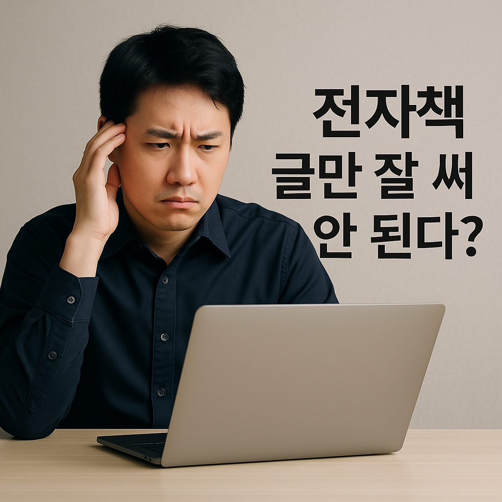노트북 화면을 보며 ‘전자책은 글만 잘 써선 안 된다?’는 문구에 고민하는 젊은 남성 셀러의 모습. 진지한 표정으로 전자책 판매 전략에 대해 고민 중인 장면.