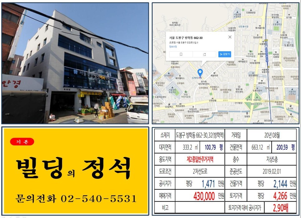  [도봉구 방학동 40억 메디컬 꼬마빌딩 실거래가 조회] 방학동 662-30,32 (방학역) 43억 원, 평당 4,266만 원 매매되었습니다. 방