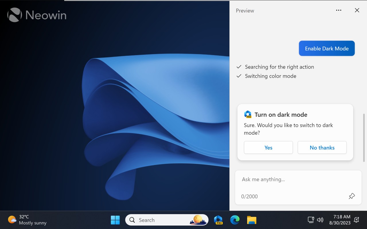 Microsoft는 올해 초 Cortana를 삭제하고(이제 클릭 두 번만으로 앱을 제거할 수 있습니다)&#44; 빙이 구동하는 새로운 비서&#44; 즉 OpenAI가 구동하는 Windows Copilot으로 교체했습니다. 작업 표시줄의 새 Win + C 바로 가기 또는 전용 아이콘을 사용하여 Windows Copilot을 호출할 수 있습니다. 간단히 말하면 Windows Copilot은 Windows 11 내에서 다양한 작업을 수행할 수 있는 추가 기술을 가진 Bing Chat입니다. 이를 사용하여 시스템 설정 변경&#44; 앱 열기&#44; 스크린샷 촬영&#44; 테마 변경 등을 수행할 수 있습니다.
