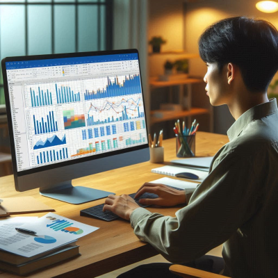 차트와 그래프가 표시된 화면을 분석하는 사람.