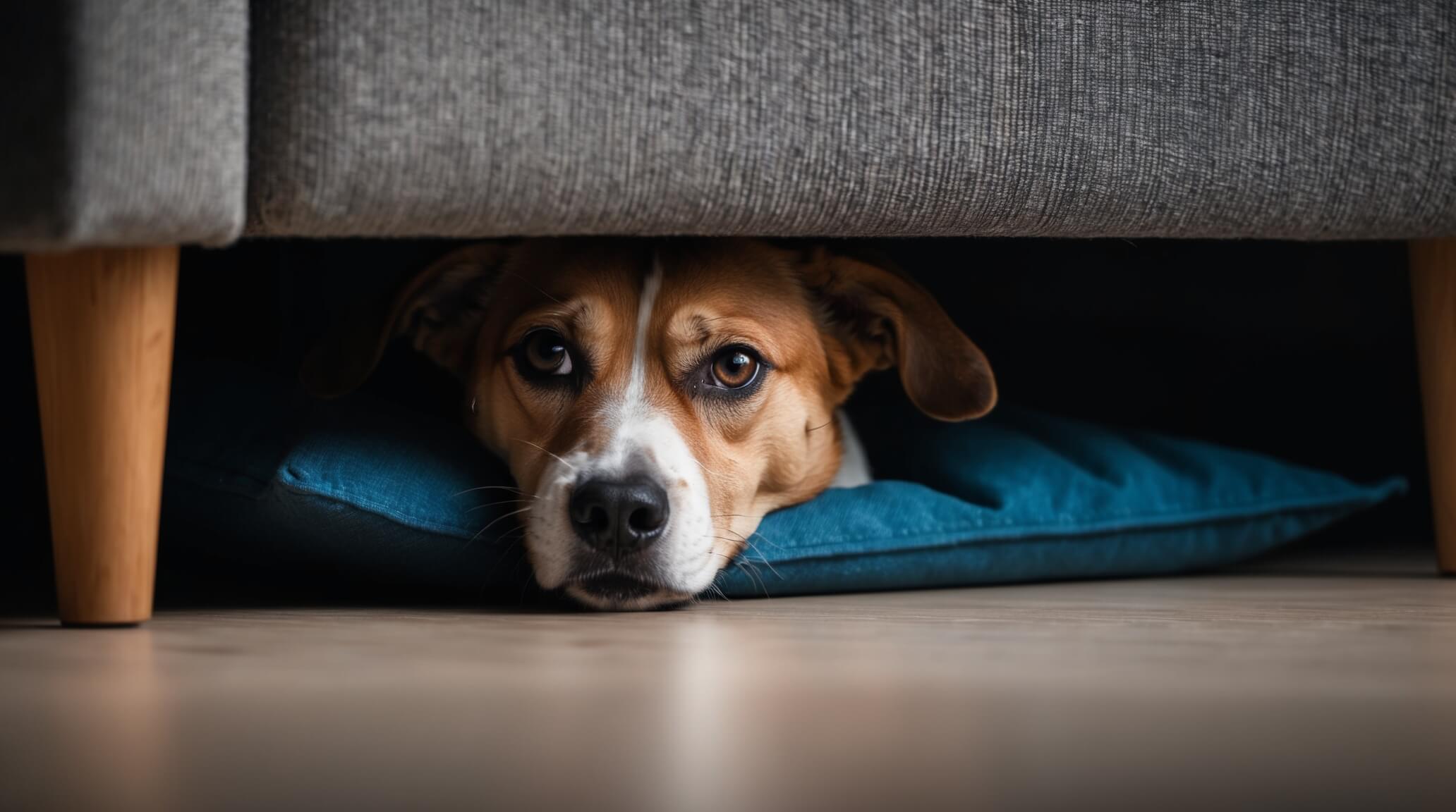 anxious dog hiding under furniture, fearful expression