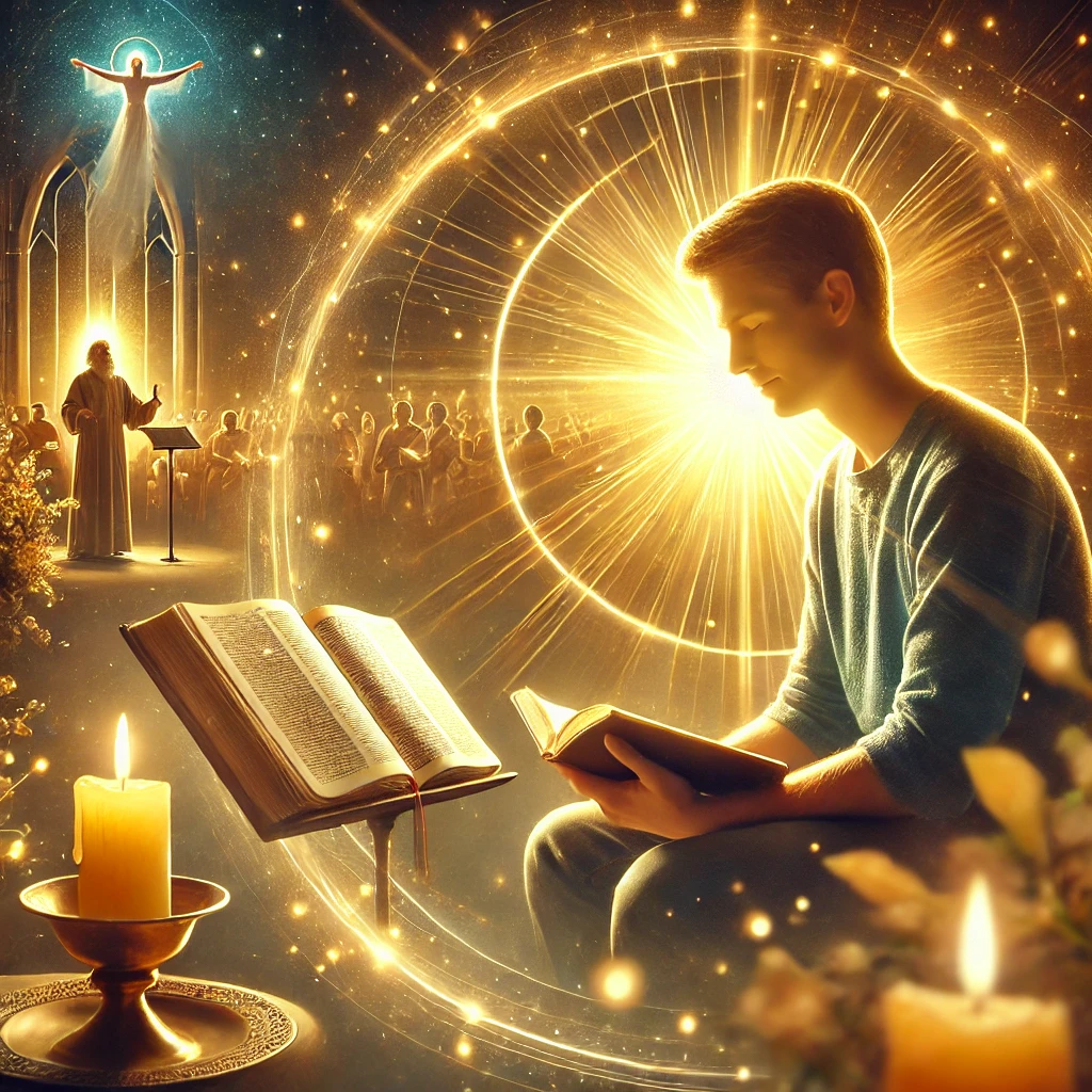 Here is the inspiring image depicting a person reflecting on the Bible and experiencing peace, with a focus on worship and the understanding that the Lord is their light and salvation. The scene conveys a sense of divine presence, comfort, and heartfelt worship.