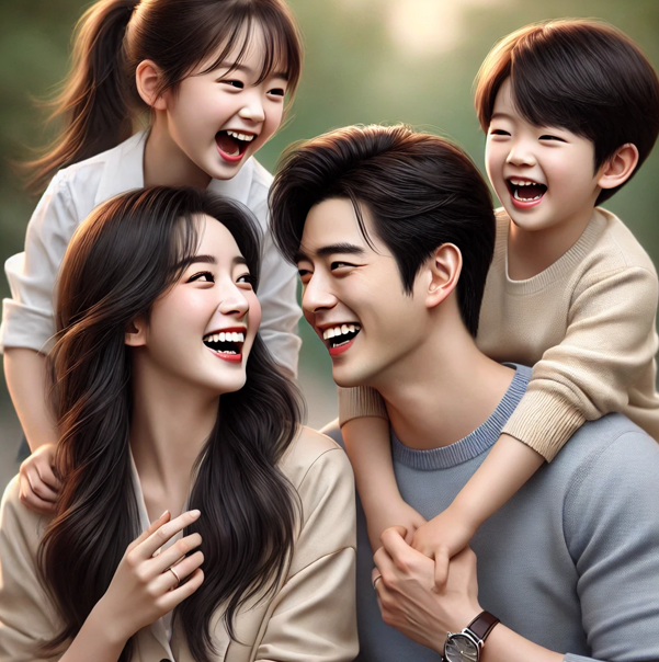한국 드라마. 행복한 웃음을 짓는 가족 모습