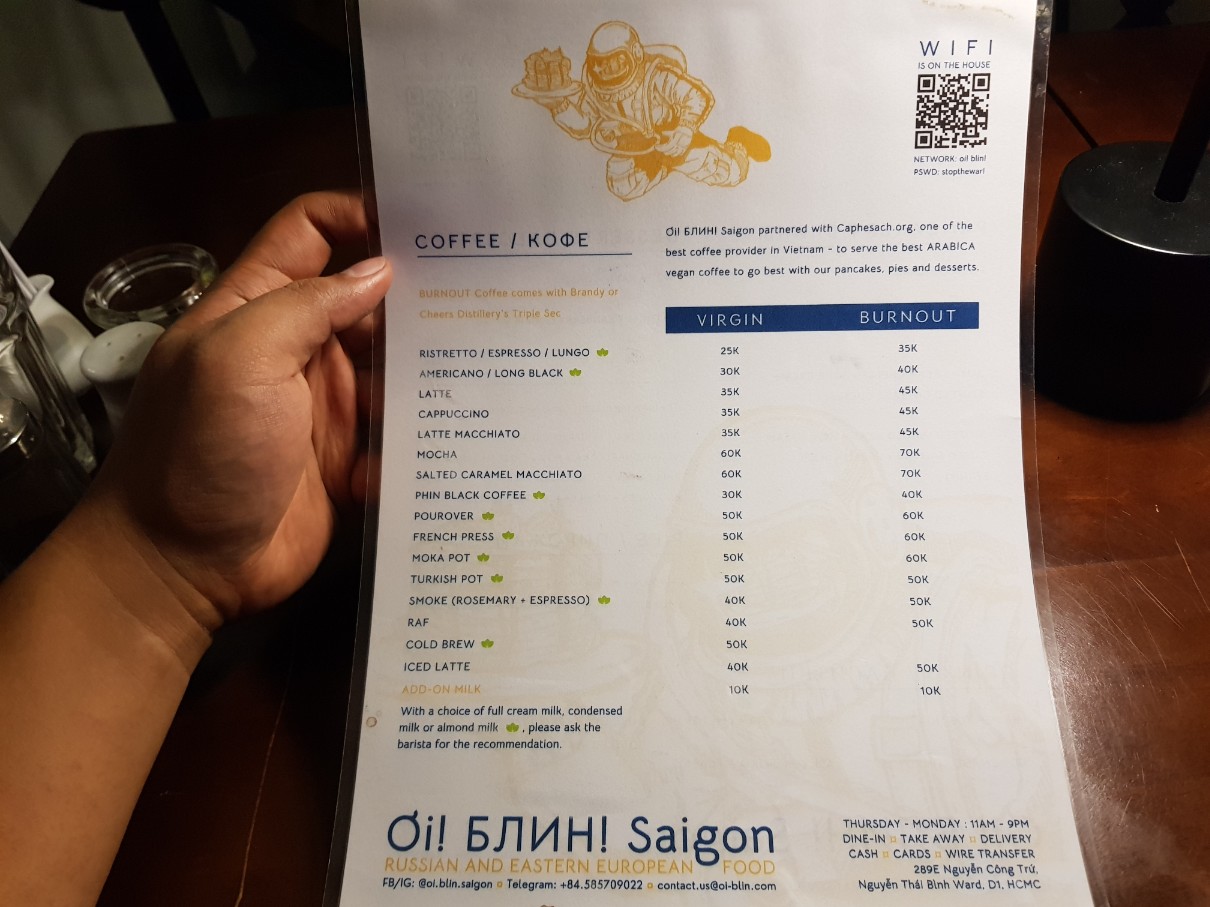 호치민 1군 러시아 디저트 카페 겸 레스토랑 Oi! Blin! Saigon 메뉴(2)
