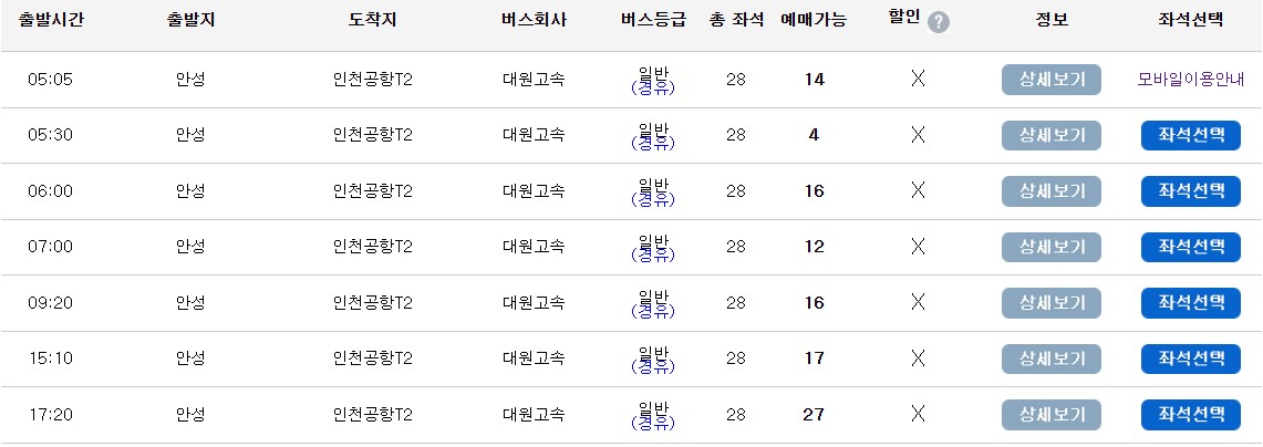 안성 인천공항버스 시간표 정류장