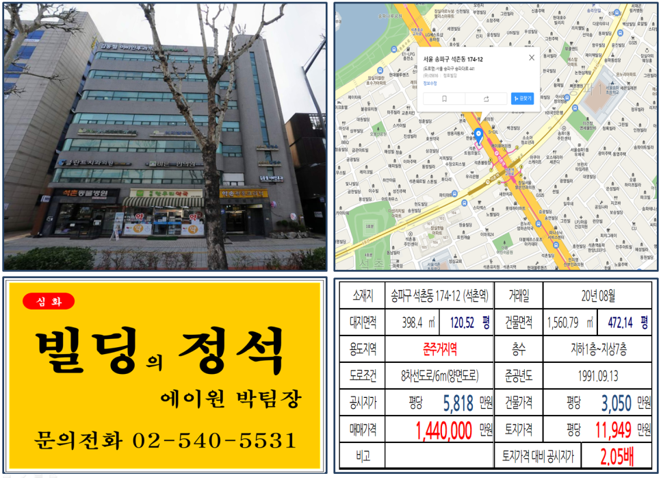  [송파구 석촌역 앞 메디컬빌딩 실거래가 조회] 석촌동 174-12 (석촌역) 144억 원, 평당 1억1,949만 원, 헬리오시티, 송리단길, 1
