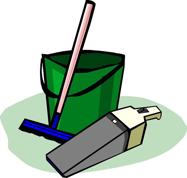 청소 도구 이미지. 초록색 양동이&#44; 파란색 밀대&#44; 회색 핸드 청소기가 있다.