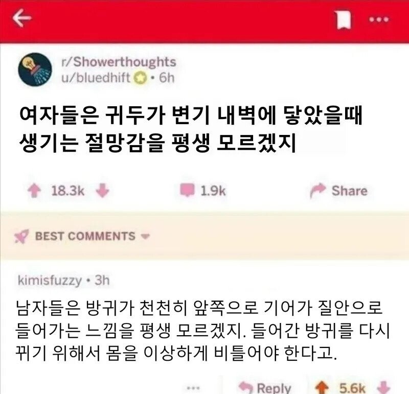 r/Showerthoughts
u/bluedhift
• 6h
여자들은 귀두가 변기 내벽에 닿았을때 생기는 절망감을 평생 모르겠지
18.3k
BEST COMMENTS
1.9k
Share
...
kimisfuzzy.
3h
남자들은 방귀가 천천히 앞쪽으로 기어가 질안으로 들어가는 느낌을 평생 모르겠지. 들어간 방귀를 다시 뀌기 위해서 몸을 이상하게 비틀어야 한다고.
Reply
5.6k