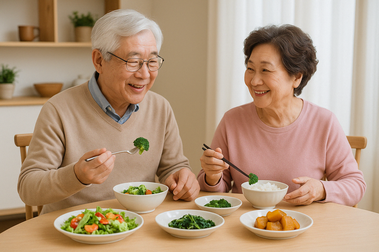 자연식 위주의 식사를 하고 있는 시니어 부부