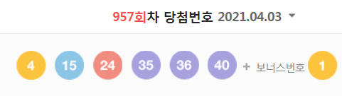  957회차 로또 당첨번호 (1등 당첨자는 11명으로 당첨금은 21억 2663만 원)