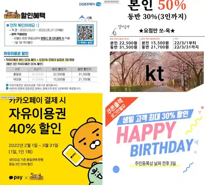 이월드-할인혜택-원패스앱결제-kt멤버십카드-카카오페이결제-생일자할인