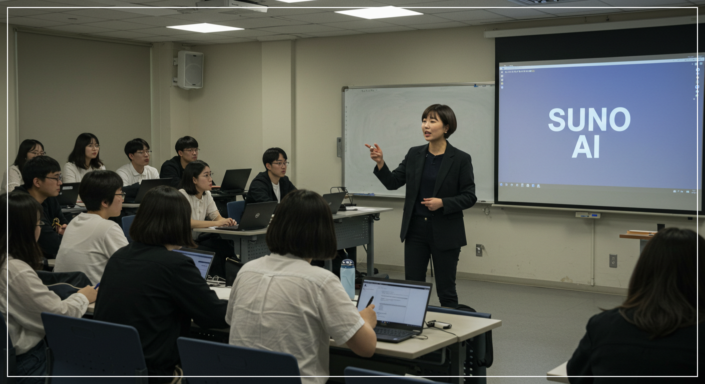 40대 한국 여성 강사가 Suno AI 강의를 진행하는 모습