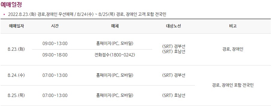 SRT 명절 승차권 예매일시