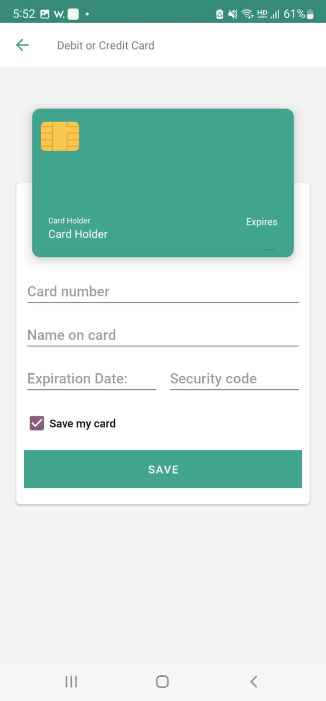 결제 페이지에서 &#39;신용카드 결제&#39;를 선택 시 나오는 신용카드 정보 넣는 화면.
