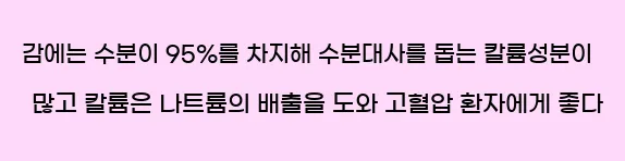  (6) 감에는 수분이 95%를 차지해, 수분대사를 돕는 칼륨성분이 많고, 칼륨은 나트륨의 배출을 도와 고혈압 환자에게 좋다.