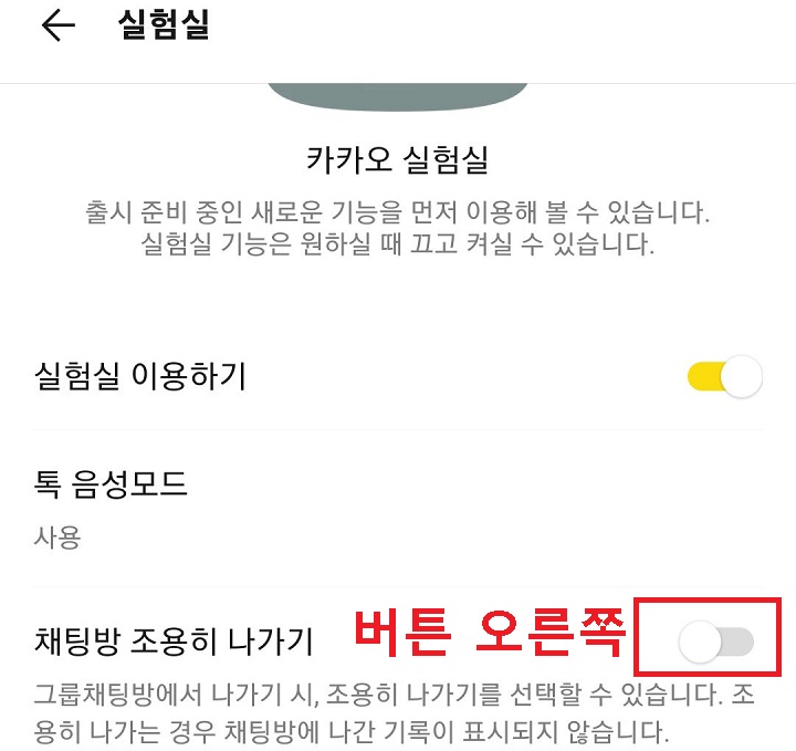 채팅방 조용히 나가기 메뉴 보임