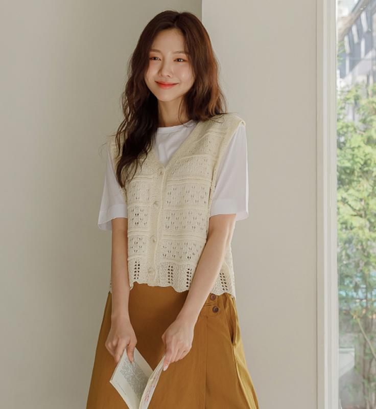 머싱 부클 리프 조끼가디건 DA27604