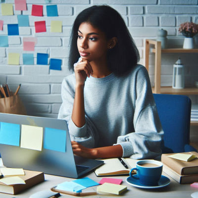 노트북 앞에서 고민하는 여성, 벽에 포스트잇이 붙어 있음.
