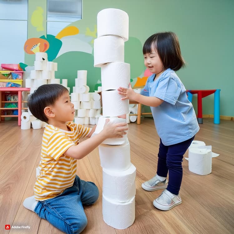 아이들이 두루마리 휴지로 탑을 쌓는 모습