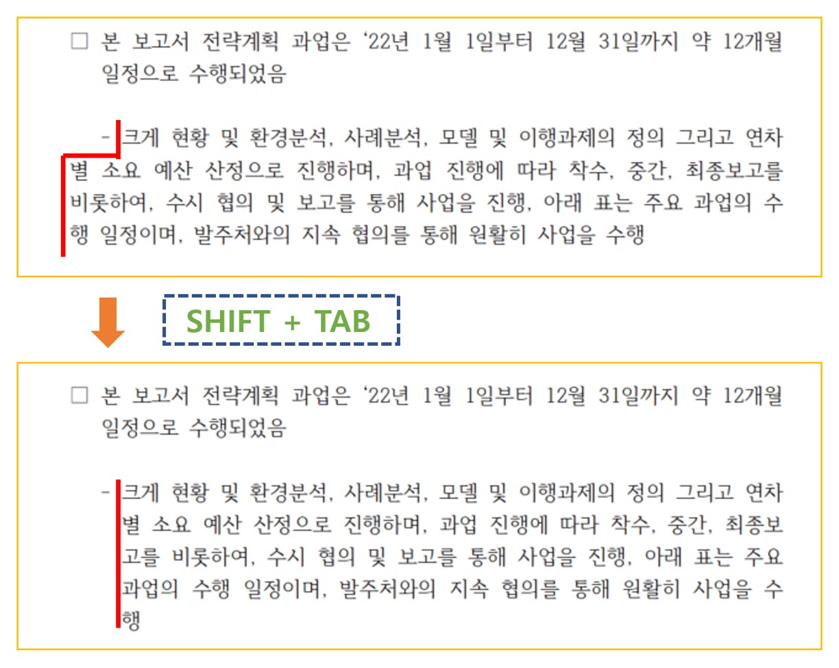 들여쓰기 기능에 대한 설명 사진