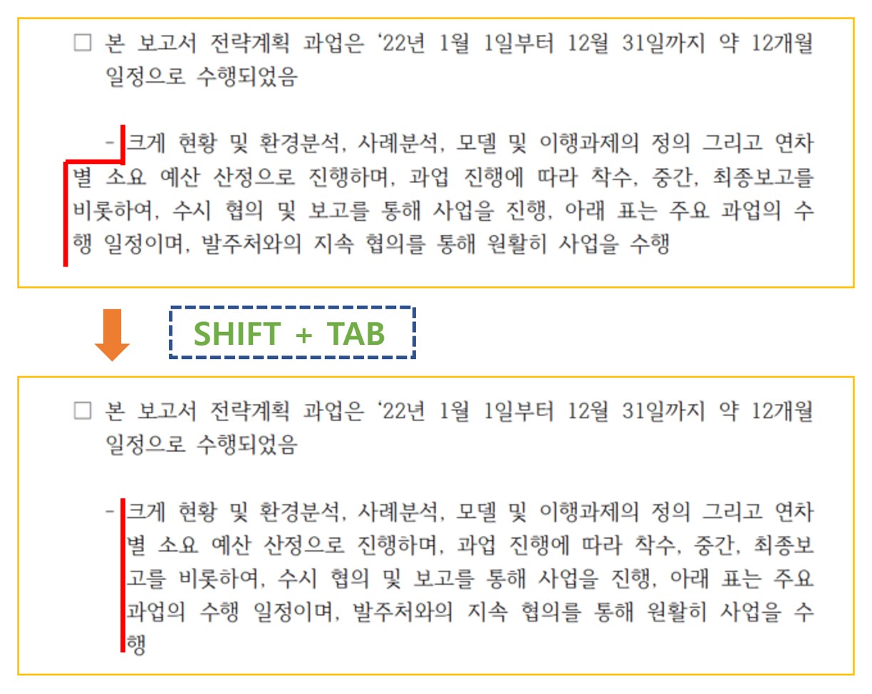 들여쓰기 기능에 대한 설명 사진