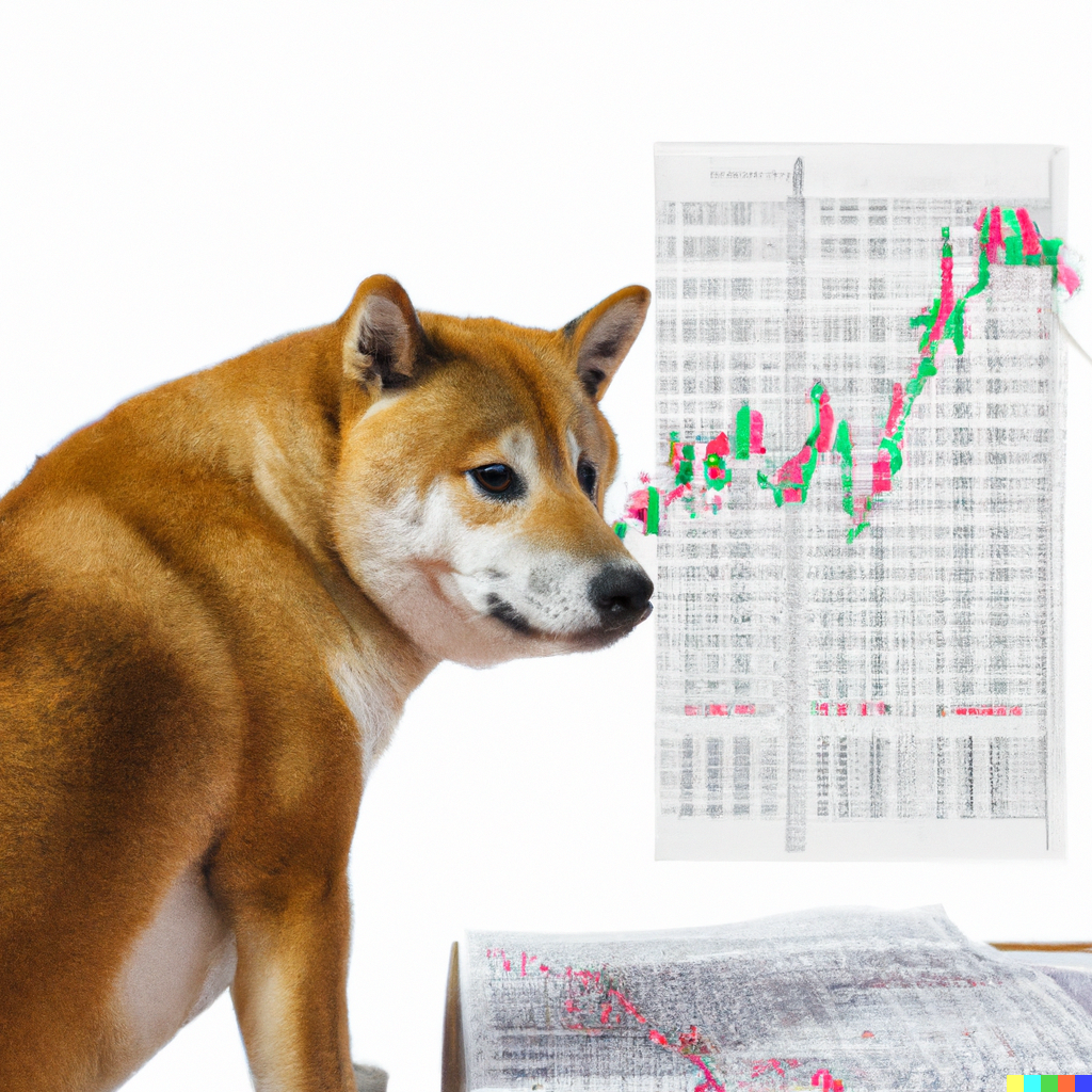 A shiba inu dog looking at stock chart
