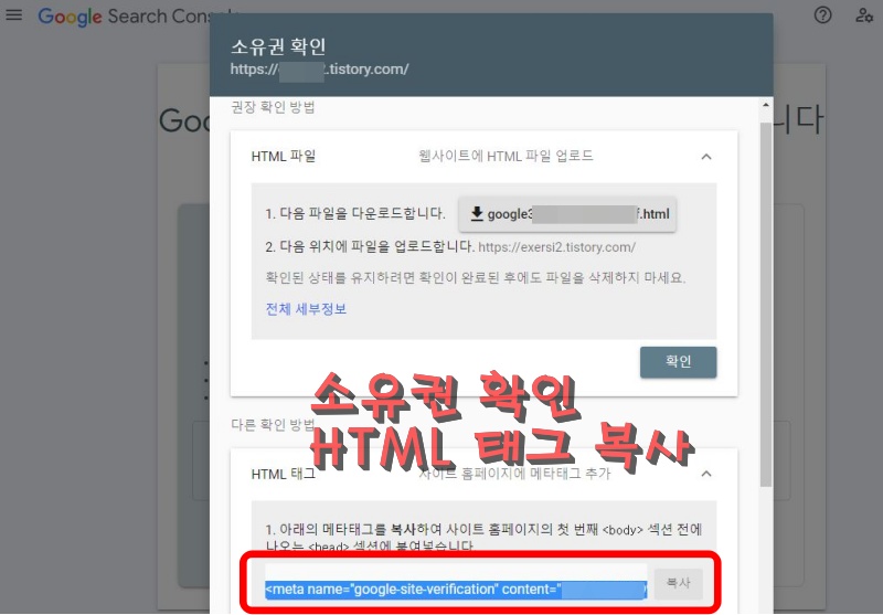 소유권 확인 창의 HTML 태그 복사 화면