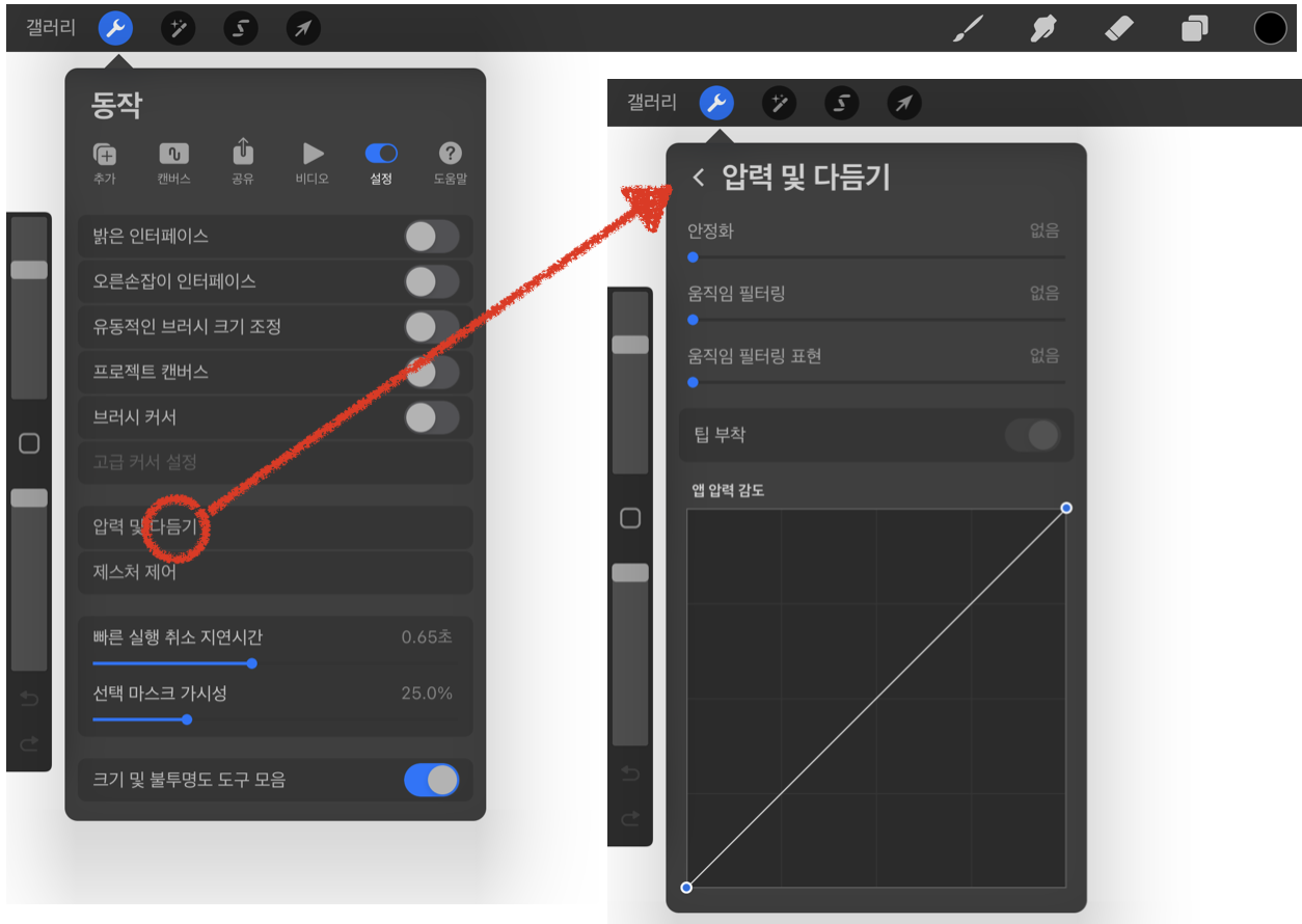 압력 및 다듬기 위치