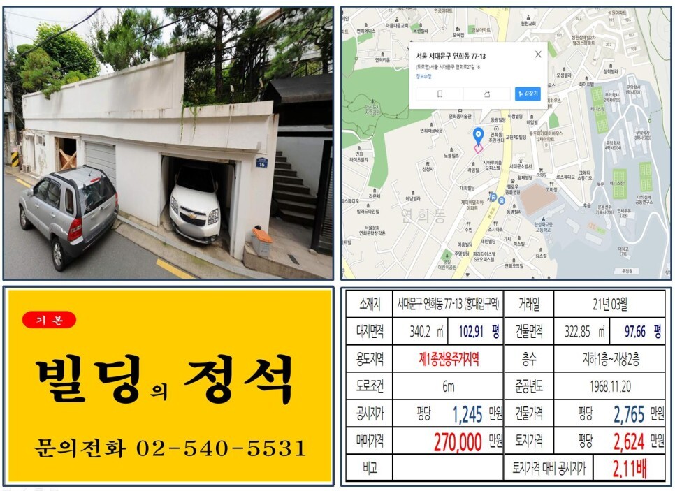  [서대문구 연희동 20억 꼬마빌딩 실거래가 조회] 연희동 77-13 (홍대입구역) 27억 원, 평당 2,624만 원 매매되었습니다.