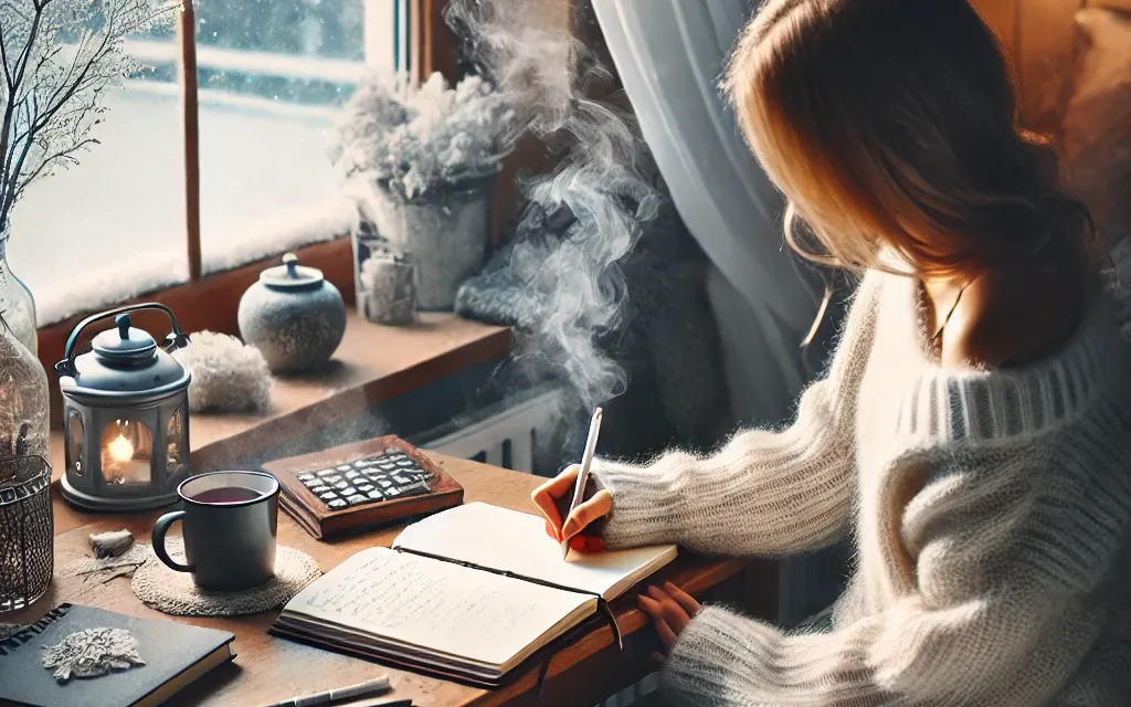겨울철-따뜻한-집안에서-다이어리를-작성하는-여성
