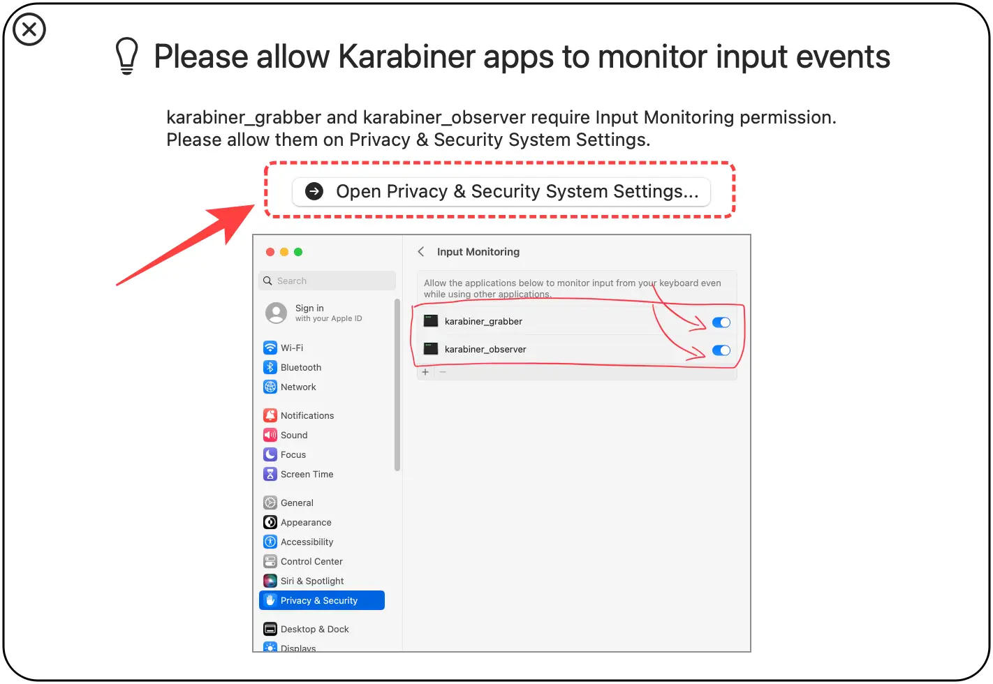 Open Privacy &amp; Security System Settings