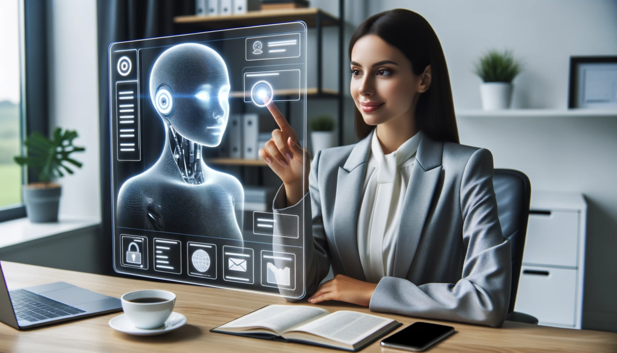 photo of a contemporary workspace where a professional woman of Latino descent is interacting with a translucent AI assistant projected from an advanc