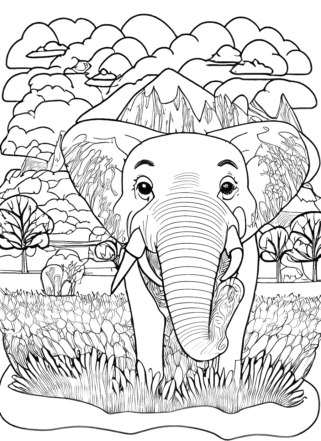 산과 들이 보이는 곳에 있는 코끼리 색칠 도안
