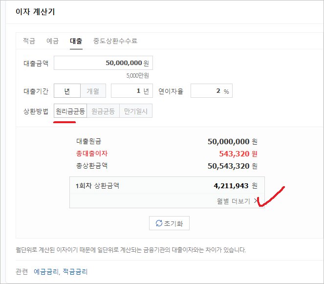 대출금 이자 계산기 원금균등상환 원리금균등상환