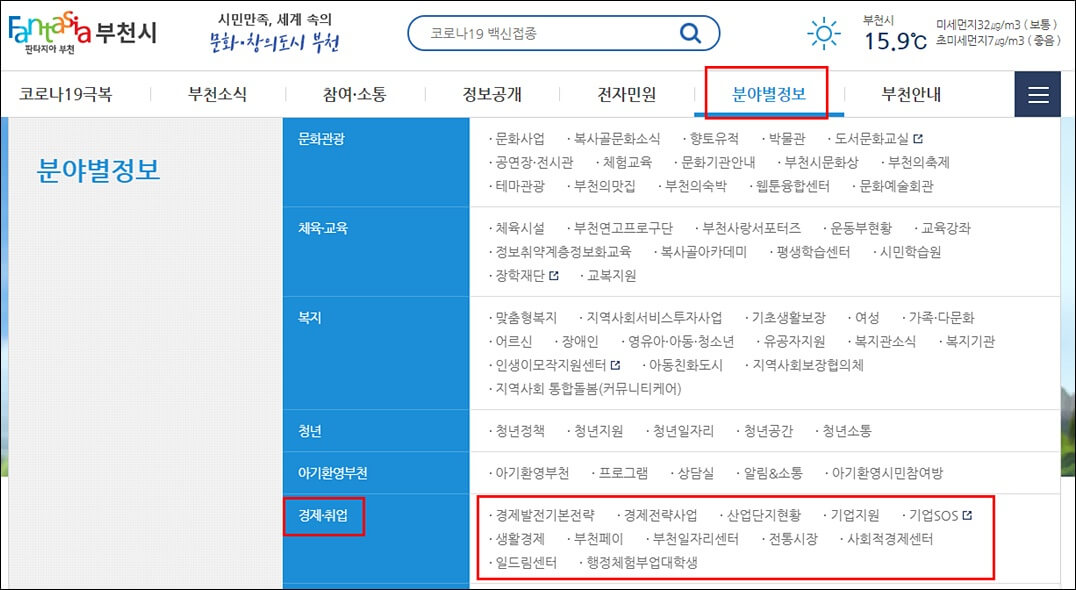 부천시청 홈페이지 메뉴