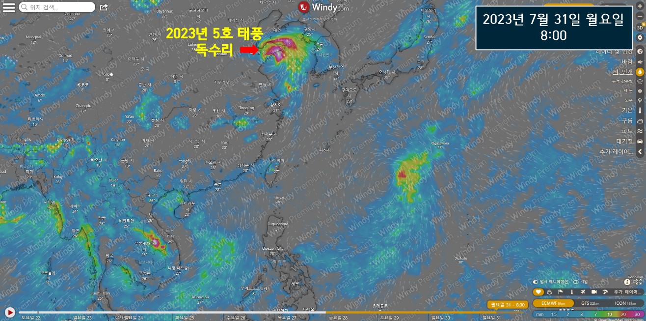 2023년 7월 31일 월요일 8:00 5호 태풍 독수리 위치