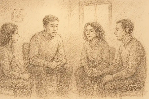 진지한 표정으로 서로 이야기를 나누는 네 명의 지지 모임 참석자들