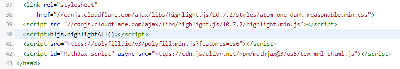 head에 highlight.css, highlight.js 추가 후 스크립트 호출