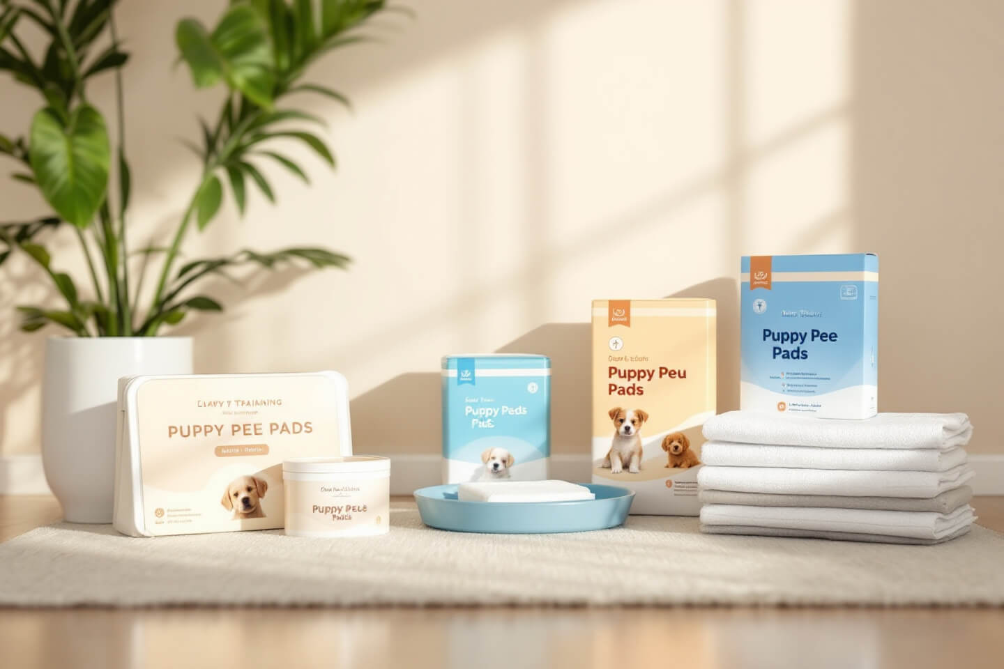 puppy pee pads and training trays arranged in a clean home setting, showing different sizes and absorption capabilities