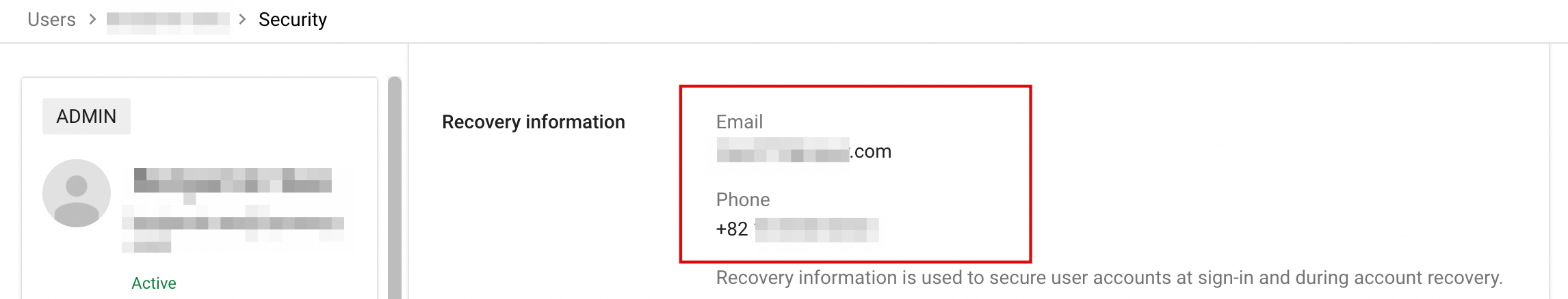 Google admin recovery information