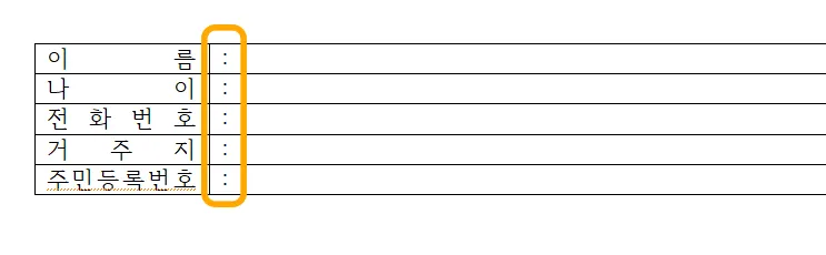 한글에서 표 안에 콜론을 입력한 모습