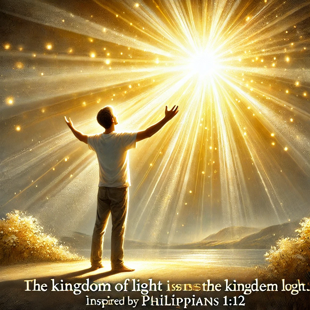 Here is an image that reflects the longing for the kingdom of light&amp;#44; inspired by Philippians 1:12. The person stands with arms raised&amp;#44; gazing toward a radiant light&amp;#44; symbolizing their hope and deep joy in God&amp;#39;s guidance. The scene is filled with bright light&amp;#44; representing the serene and glorious place they are drawn to&amp;#44; capturing a moment of gratitude and anticipation.