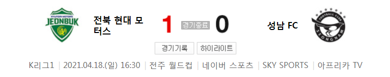  2021 K리그1 / 10라운드 - 전북 현대 모터스 대 성남 FC (2021년 4월 18일 경기 하이라이트)