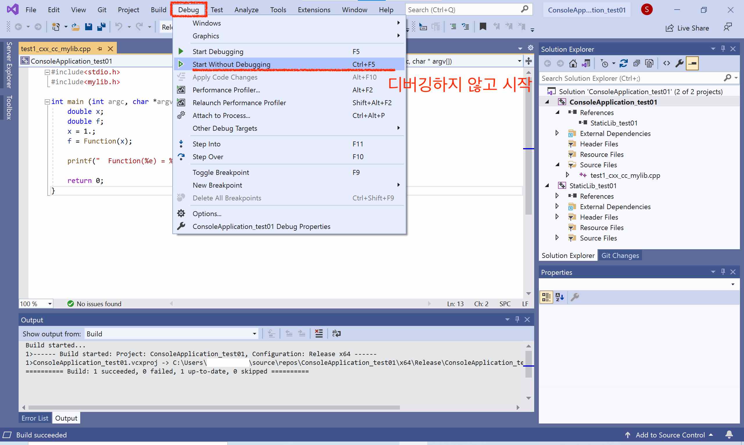 screenshot of Visual Studio Community 2019, showing button to start without debuggging