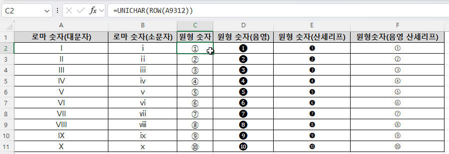 엑셀 원형 번호 자동으로 넣는 방법 캡처 2
