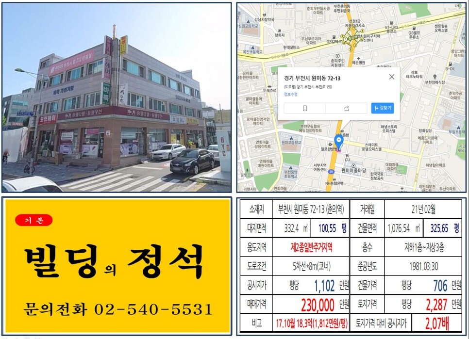  [부천시 대로변 코너 20억 꼬마빌딩 실거래가 조회] 원미동 72-13 (춘의역) 23억 원, 평당 2,287만 원 매매되었습니다